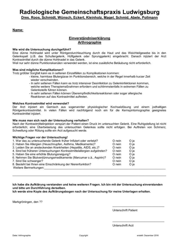 Einverständniserklärung Arthrographie