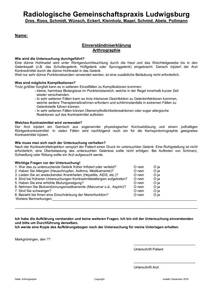 Einverständniserklärung Arthrographie