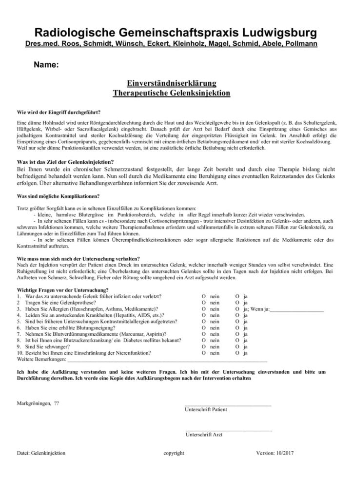 Einverständniserklärung therap. Gelenkinjektion