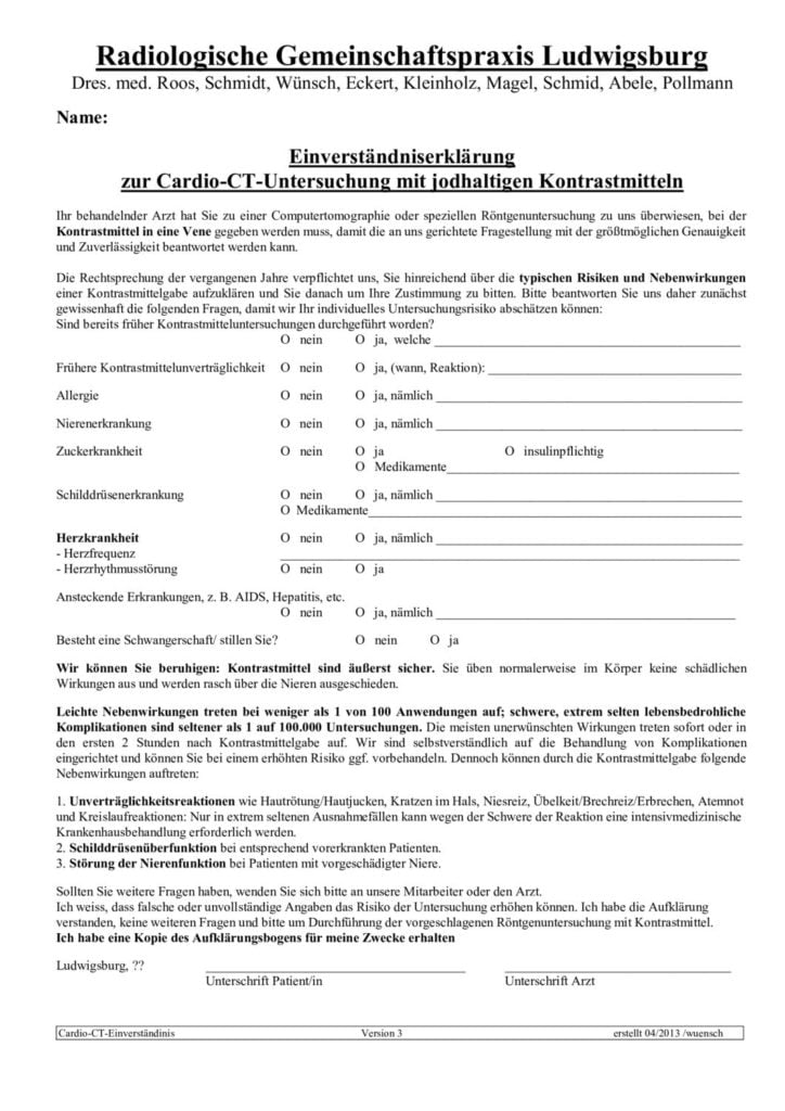 Einverständniserklärung Cardio-CT