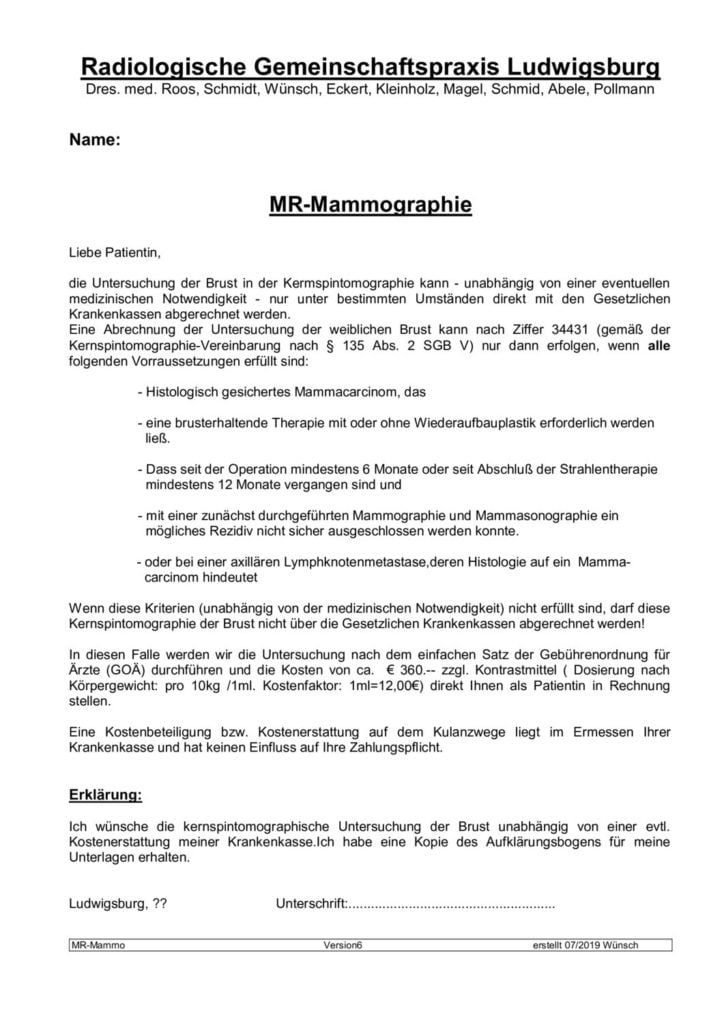 Kosten MR Mammographie