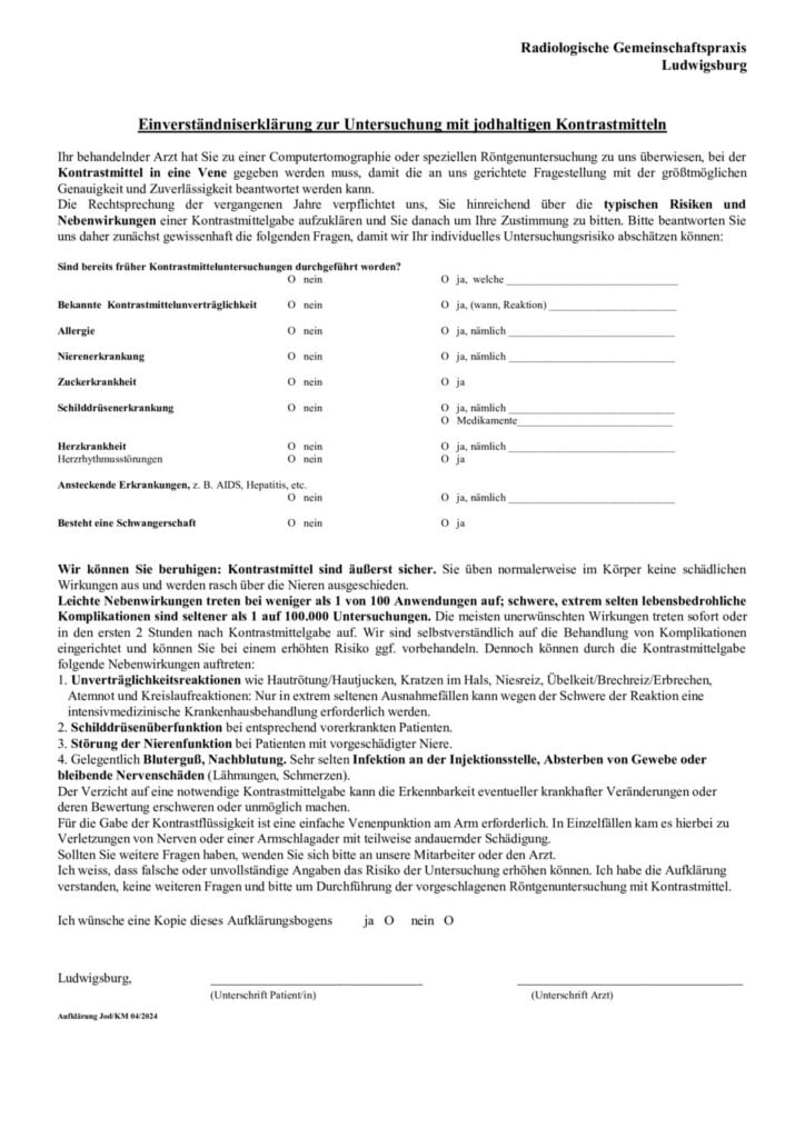 Einverständniserklärung jodhaltiges Kontrastmittel