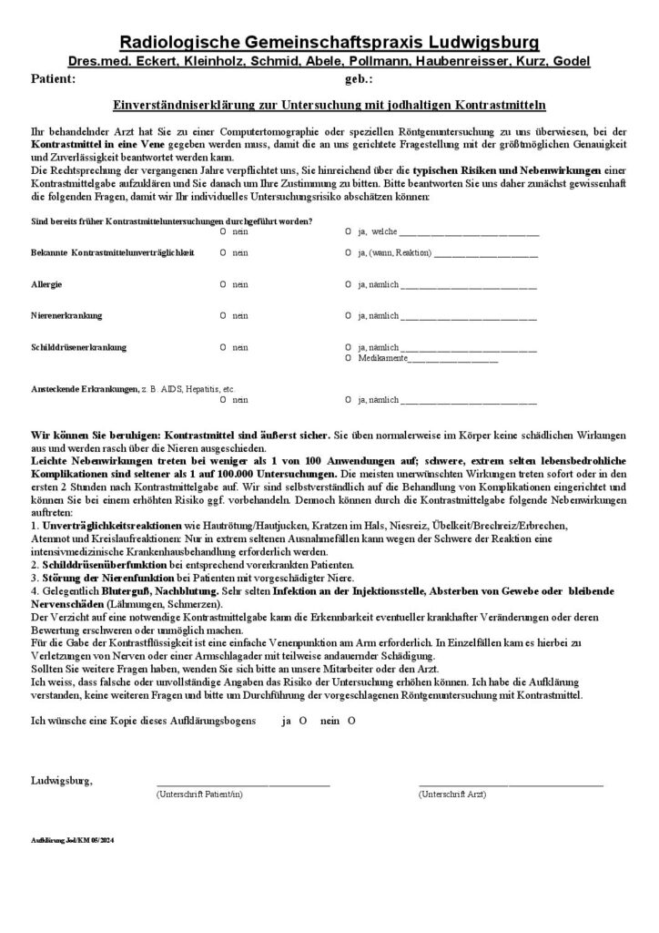 Einverständniserklärung jodhaltiges Kontrastmittel