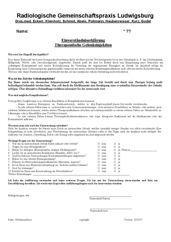 Einverständniserklärung Gelenkinjektion